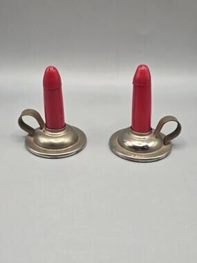 Vintage Davis Red Candle Chamberstick Salt Pepper Shakers Metal Base Art Deco...